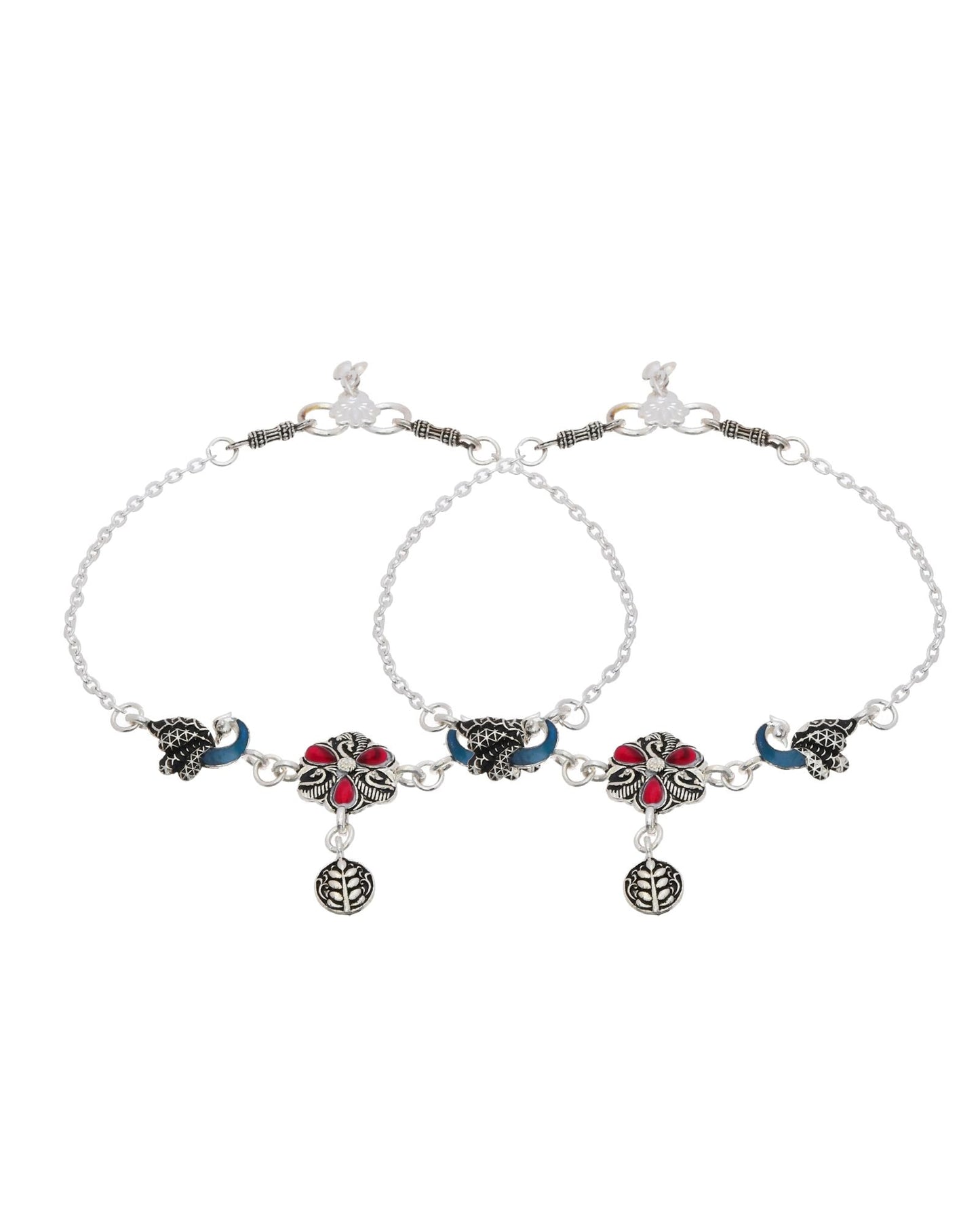 Jewels Nest Vintage Floral Charm Silver Anklet With Enamel Accents And Dangling Motifs