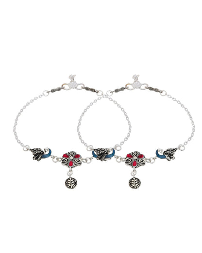 Jewels Nest Vintage Floral Charm Silver Anklet With Enamel Accents And Dangling Motifs