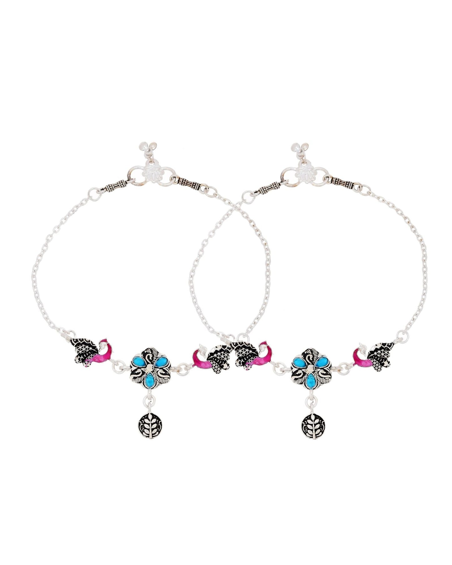 Jewels Nest Peacock Blossom Silver Anklet With Turquoise Enamel And Artistic Danglers