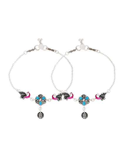 Jewels Nest Peacock Blossom Silver Anklet With Turquoise Enamel And Artistic Danglers