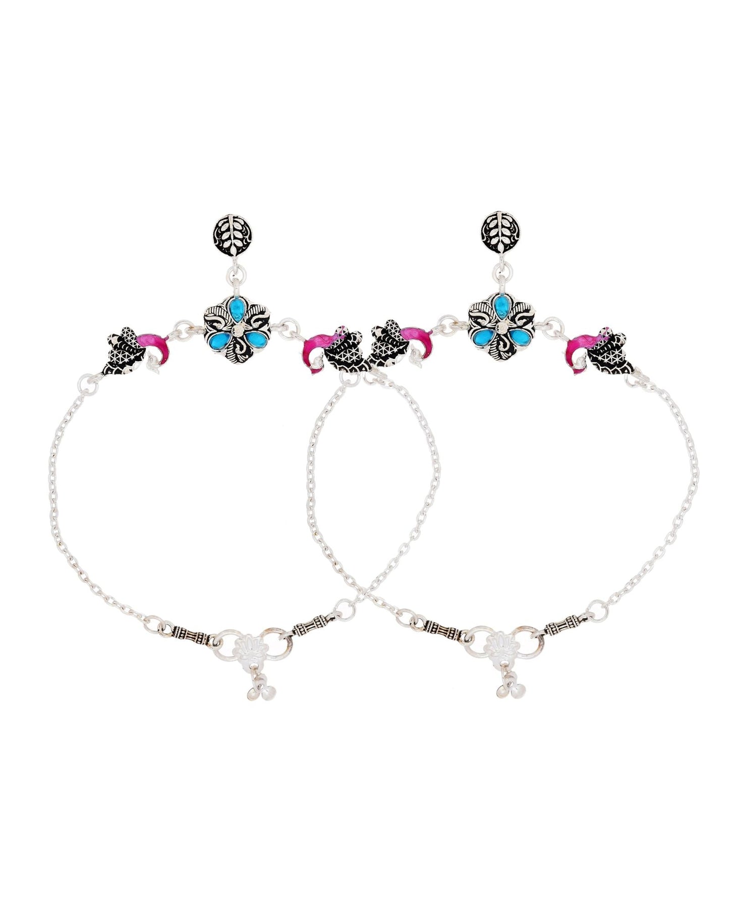 Jewels Nest Peacock Blossom Silver Anklet With Turquoise Enamel And Artistic Danglers