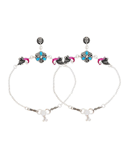 Jewels Nest Peacock Blossom Silver Anklet With Turquoise Enamel And Artistic Danglers