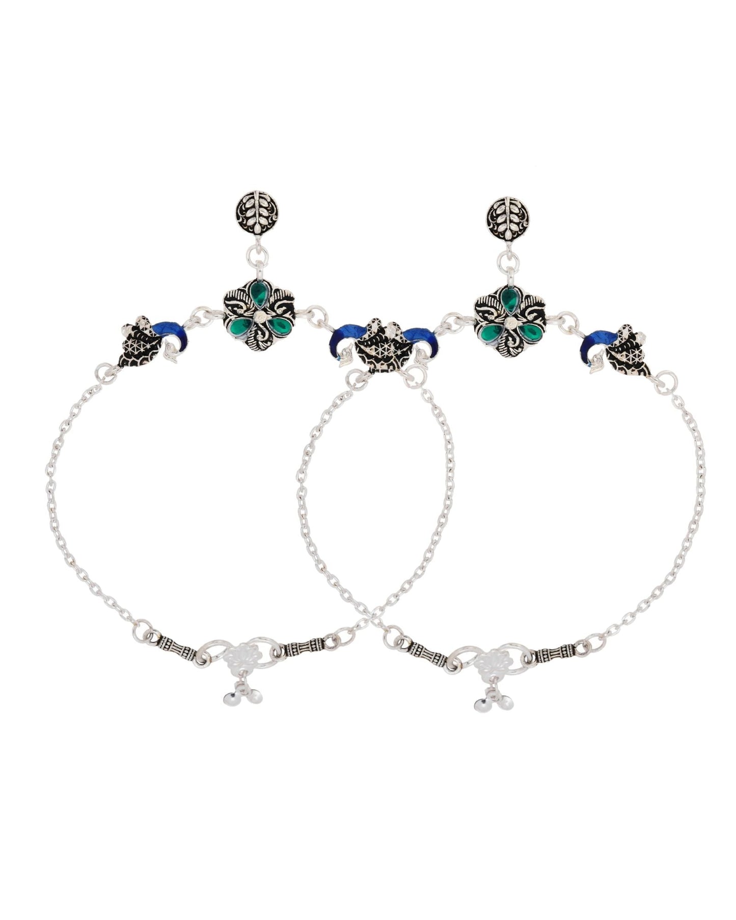 Jewels Nest Royal Peacock Charm Silver Anklet With Emerald Floral Centre And Leaf Drop