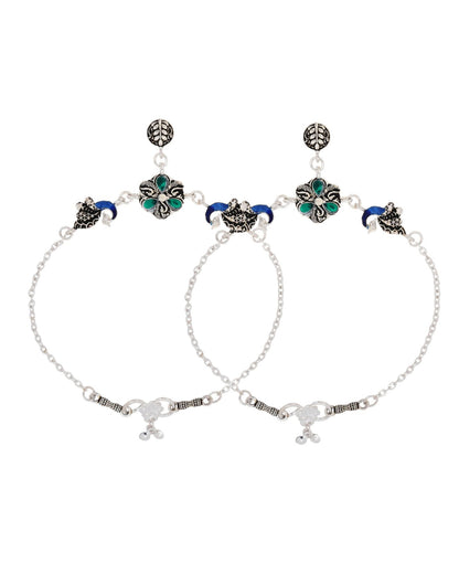 Jewels Nest Royal Peacock Charm Silver Anklet With Emerald Floral Centre And Leaf Drop