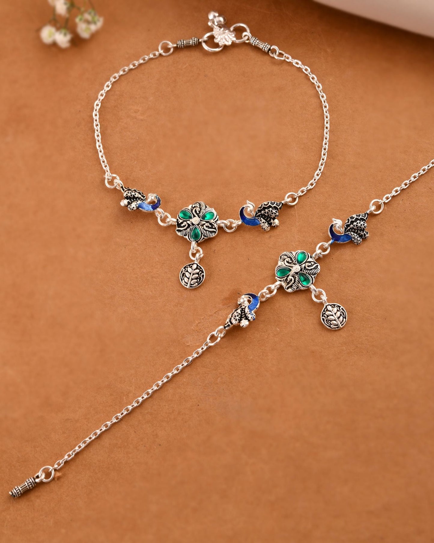 Jewels Nest Royal Peacock Charm Silver Anklet With Emerald Floral Centre And Leaf Drop
