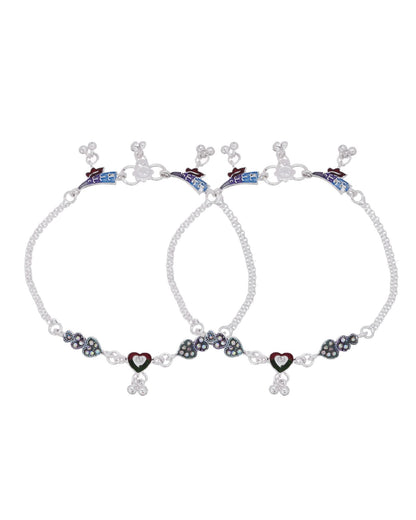 Jewels Nest Eternal Heart Silver Anklet With Multicolour Enamel Motifs And Bell Drop Detail