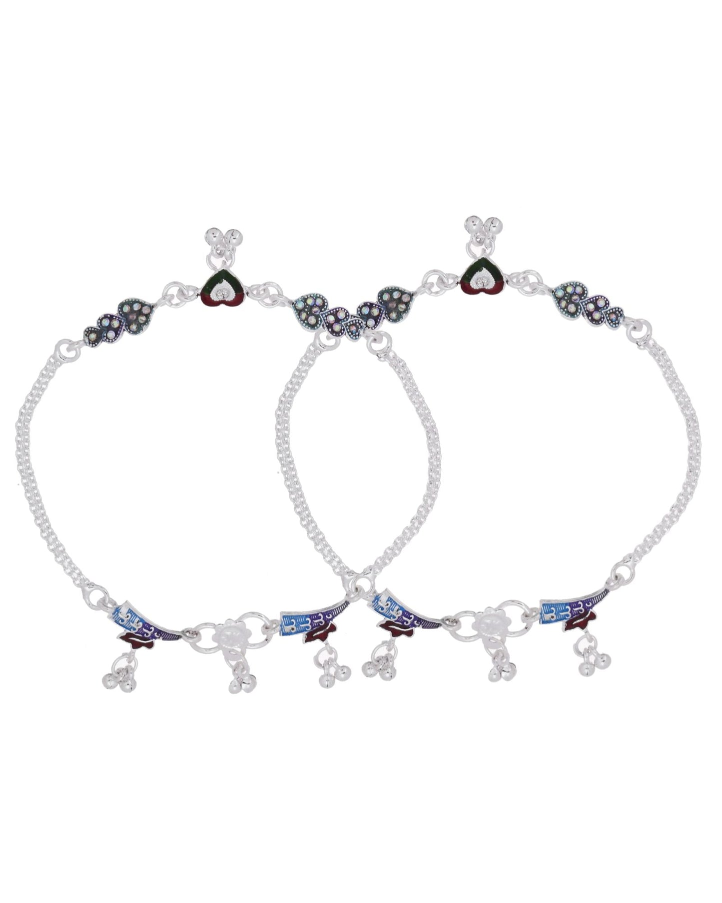 Jewels Nest Eternal Heart Silver Anklet With Multicolour Enamel Motifs And Bell Drop Detail
