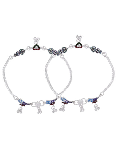 Jewels Nest Eternal Heart Silver Anklet With Multicolour Enamel Motifs And Bell Drop Detail