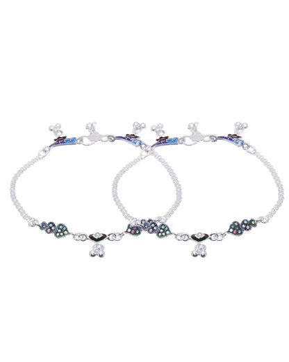 Jewels Nest Eternal Heart Silver Anklet With Multicolour Enamel Motifs And Bell Drop Detail