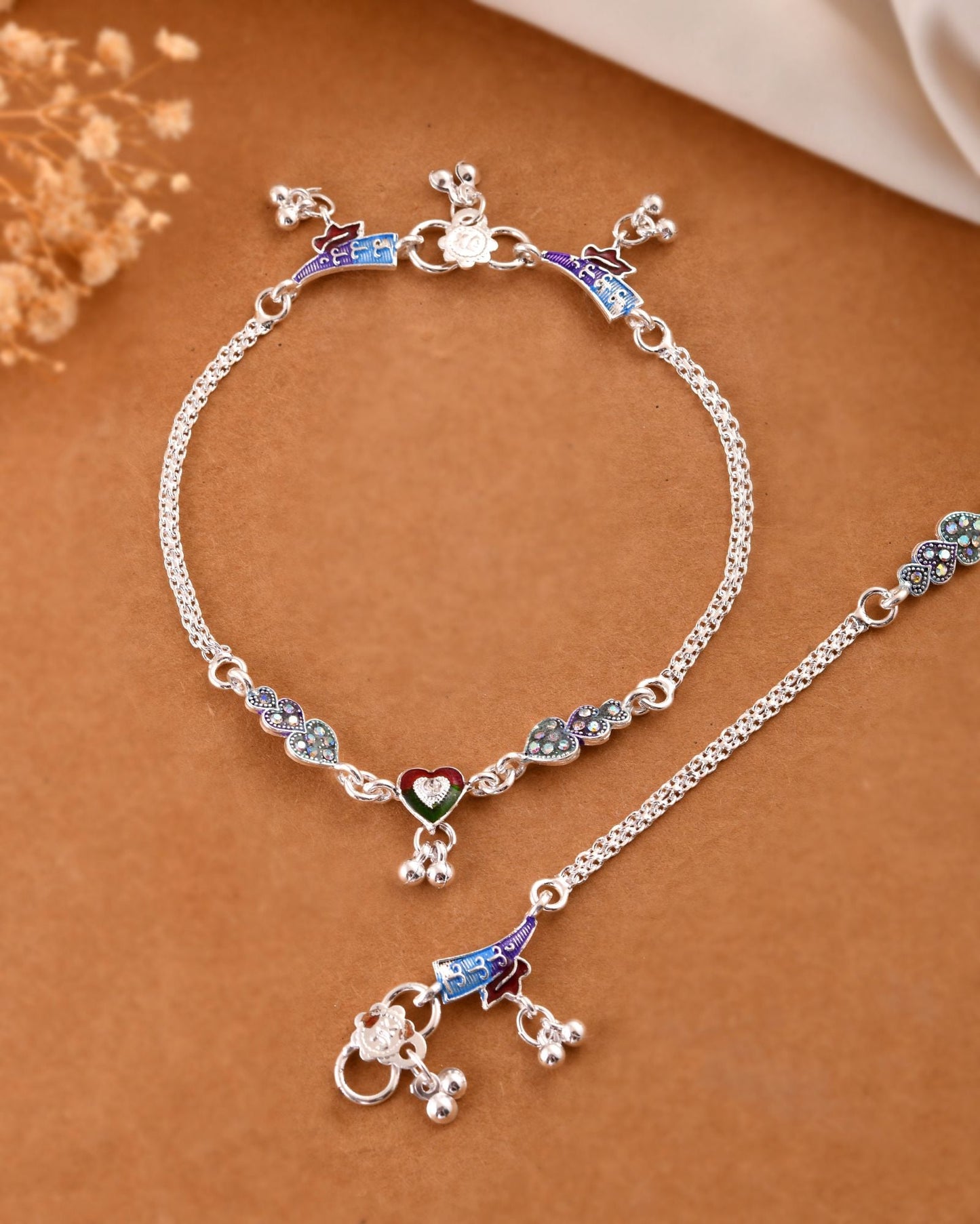 Jewels Nest Eternal Heart Silver Anklet With Multicolour Enamel Motifs And Bell Drop Detail
