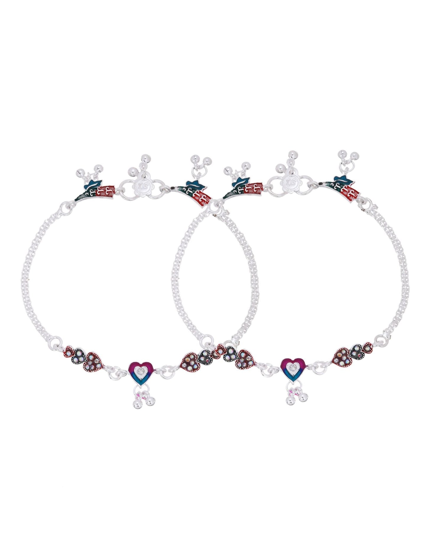 Jewels Nest Celebration Heart Silver Anklet With Enamel Accents And Twin Bell Charm