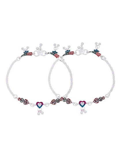 Jewels Nest Celebration Heart Silver Anklet With Enamel Accents And Twin Bell Charm