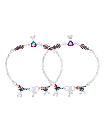 Jewels Nest Celebration Heart Silver Anklet With Enamel Accents And Twin Bell Charm