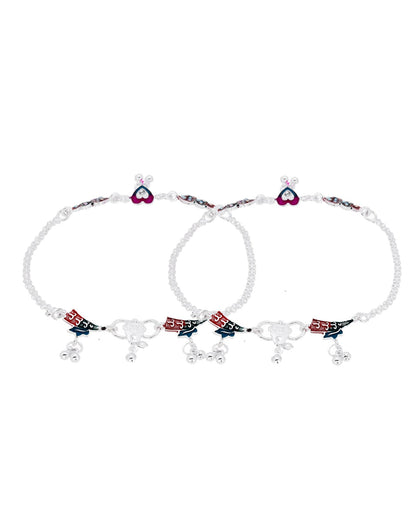Jewels Nest Celebration Heart Silver Anklet With Enamel Accents And Twin Bell Charm