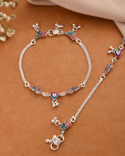 Jewels Nest Celebration Heart Silver Anklet With Enamel Accents And Twin Bell Charm