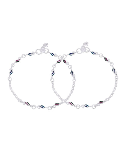Jewels Nest Graceflow Silver Anklet With Multi Color Enamel Wave Links And Bell Finish