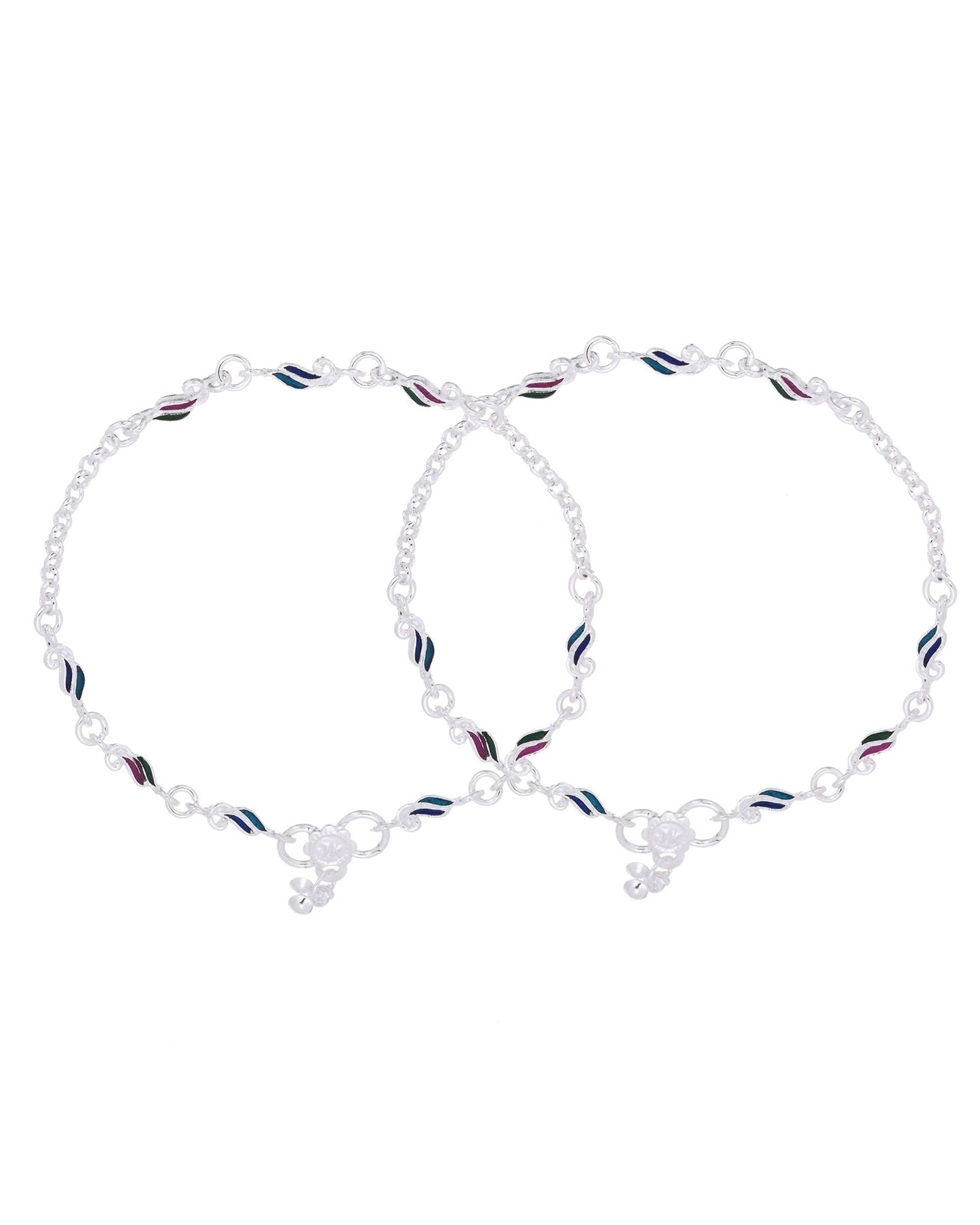 Jewels Nest Graceflow Silver Anklet With Multi Color Enamel Wave Links And Bell Finish