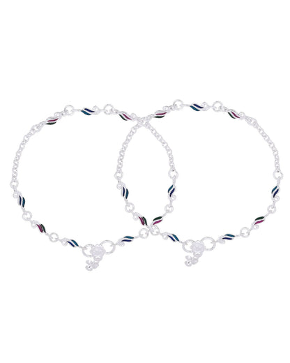 Jewels Nest Graceflow Silver Anklet With Multi Color Enamel Wave Links And Bell Finish