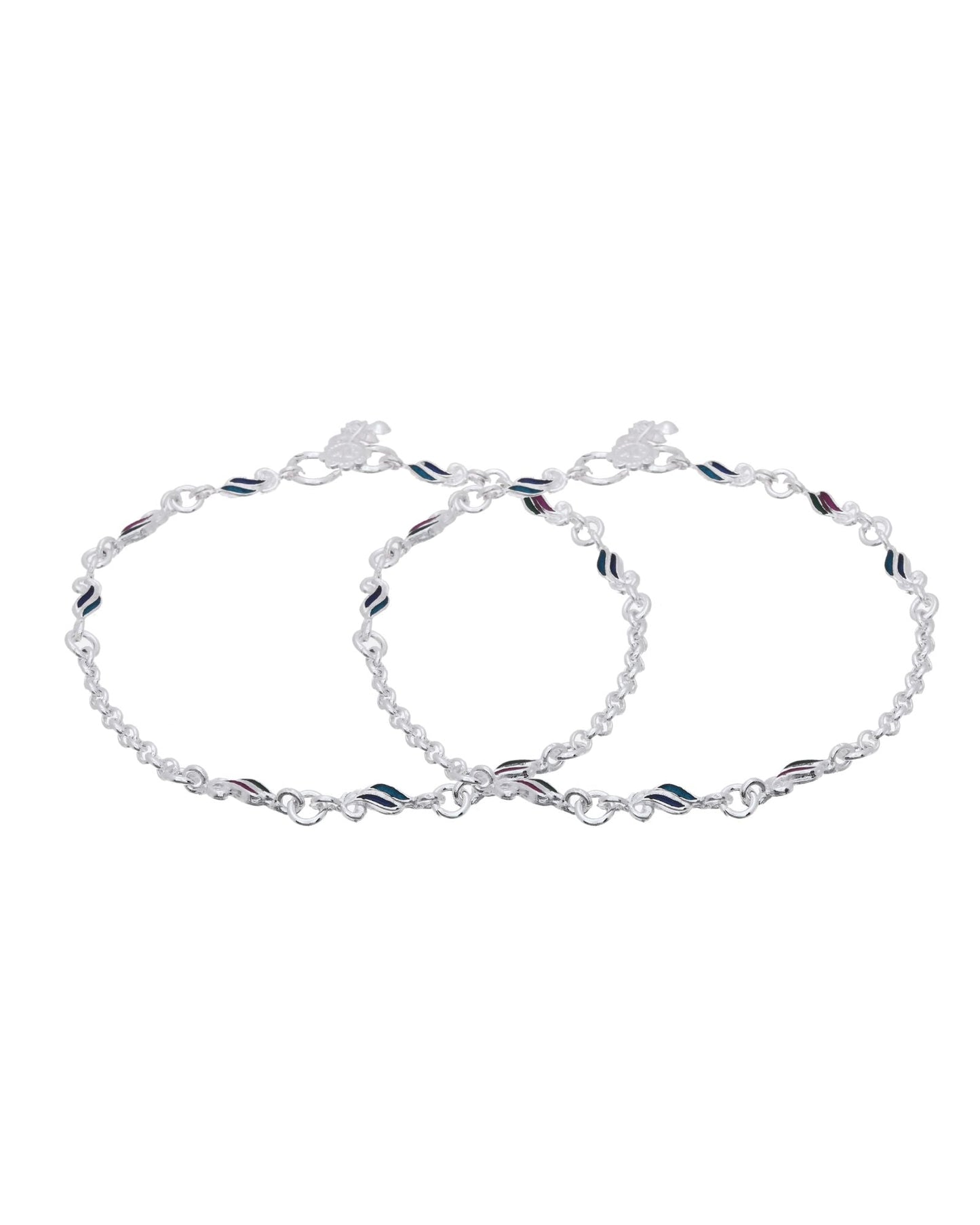 Jewels Nest Graceflow Silver Anklet With Multi Color Enamel Wave Links And Bell Finish