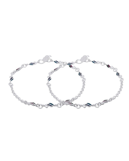 Jewels Nest Graceflow Silver Anklet With Multi Color Enamel Wave Links And Bell Finish