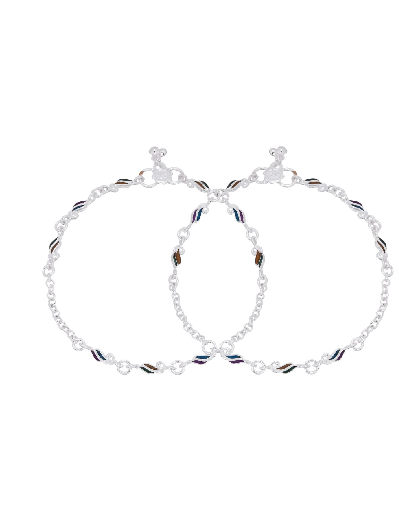 Jewels Nest Rippletone Silver Anklet With Multicolour Enamel Link Detailing And Floral Clasp