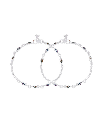 Jewels Nest Rippletone Silver Anklet With Multicolour Enamel Link Detailing And Floral Clasp