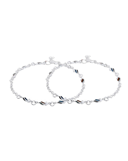 Jewels Nest Rippletone Silver Anklet With Multicolour Enamel Link Detailing And Floral Clasp