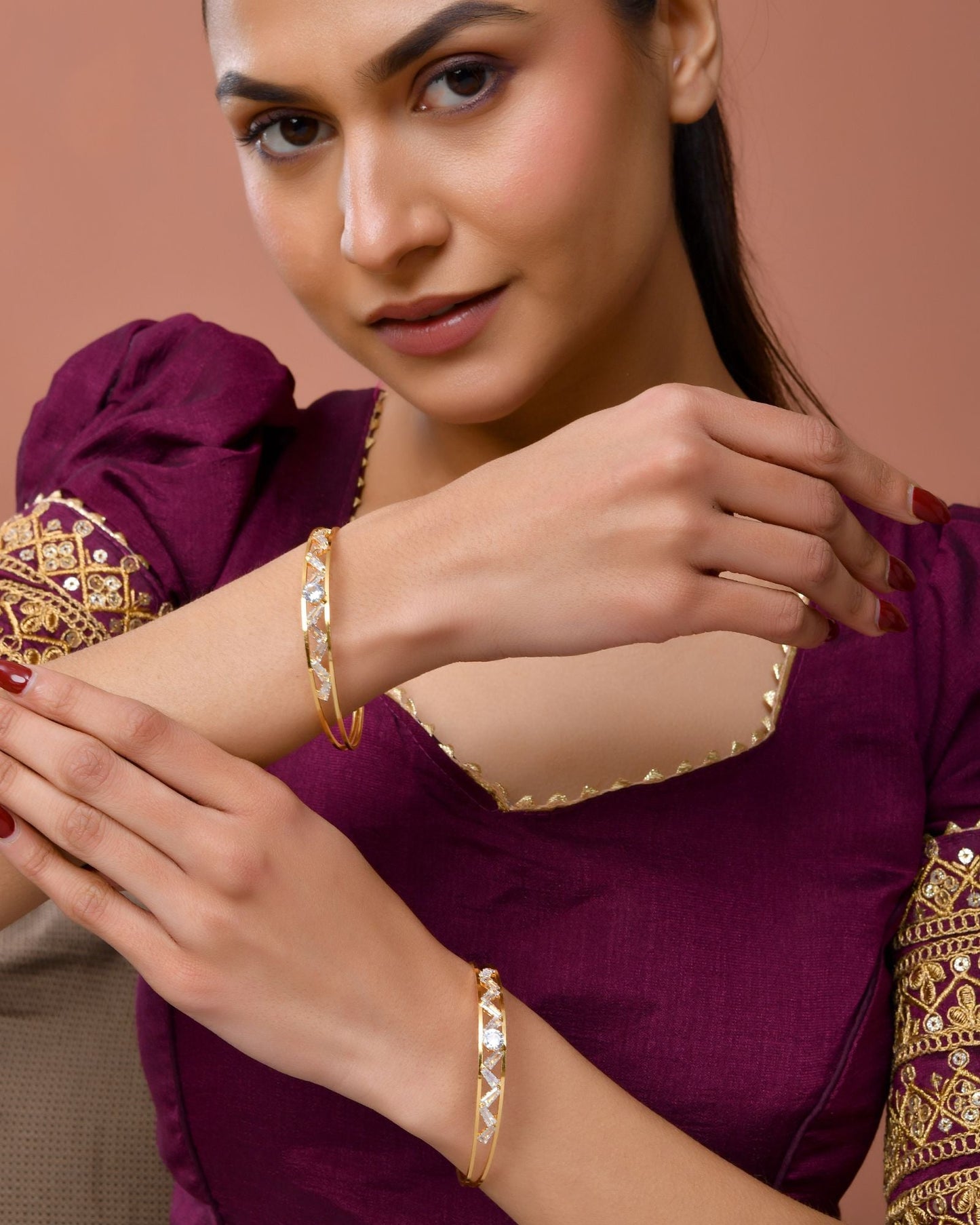 Jewels Nest Gold-Plated Crystal Studded Adjustable Bangle Set For Women