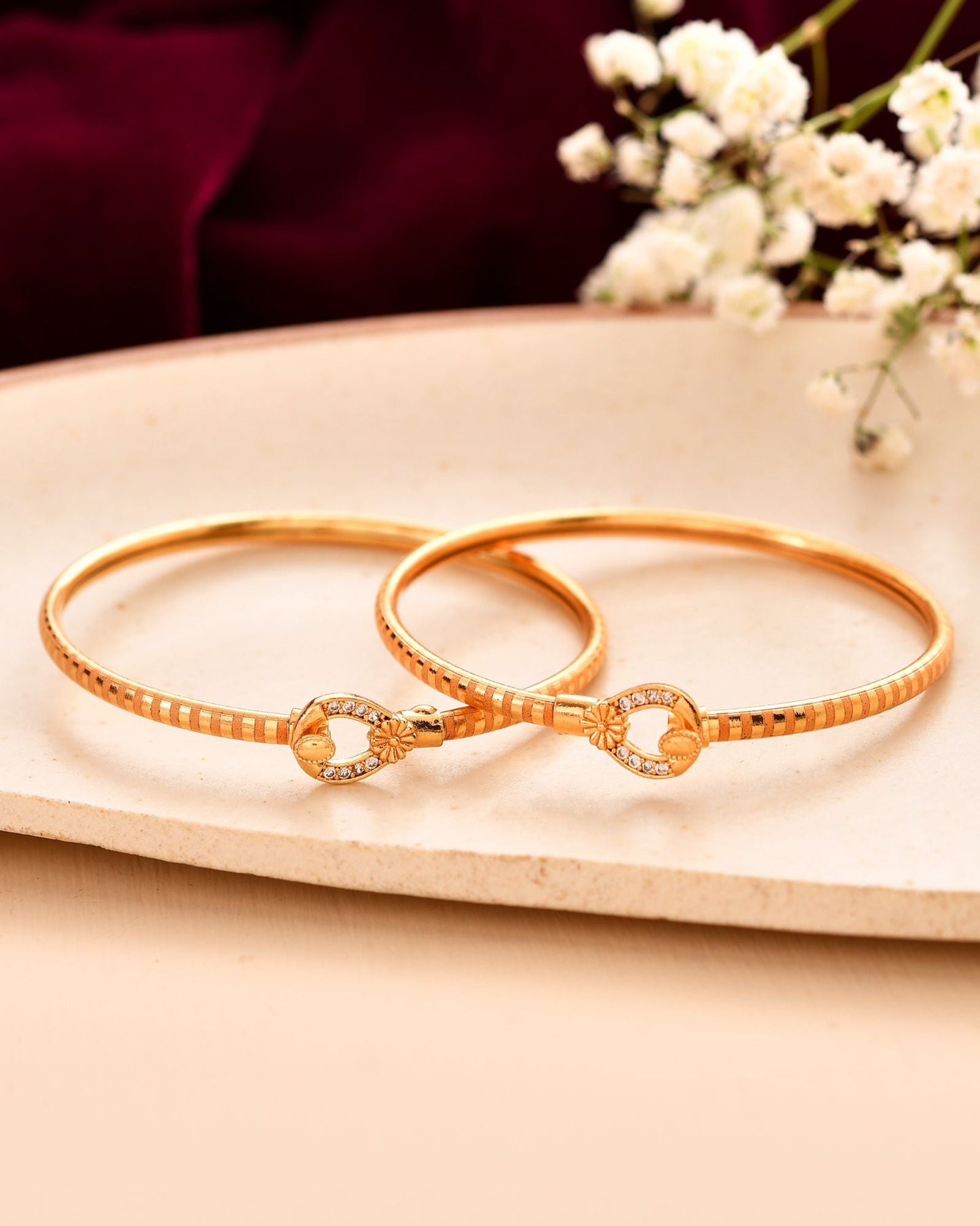 Jewels Nest Gold-Plated Textured Bangle Set With Crystal Accent For Women