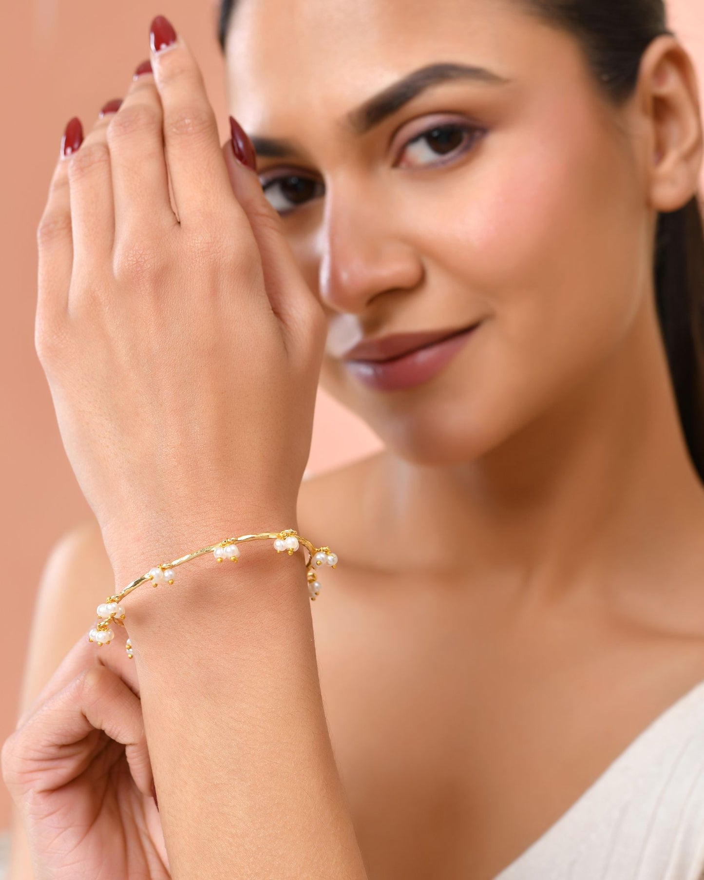 Jewels Nest Gold-Tone Pearl Charm Adjustable Kada Bracelet For Women