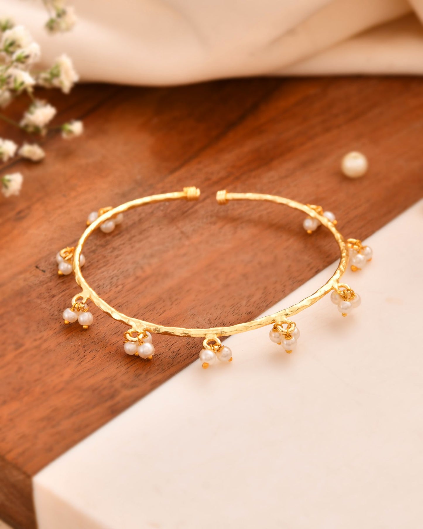 Jewels Nest Gold-Tone Pearl Charm Adjustable Kada Bracelet For Women