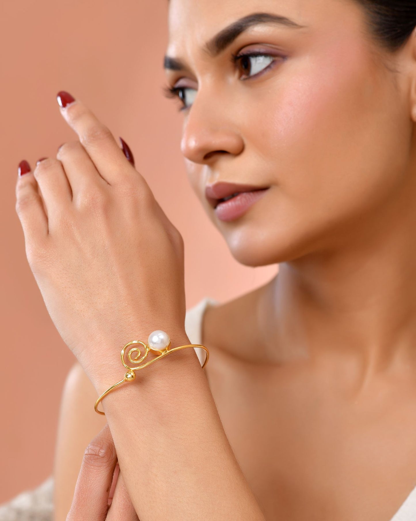 Jewels Nest Gold-Tone Pearl Detail Swirl Cuff Bracelet For Women