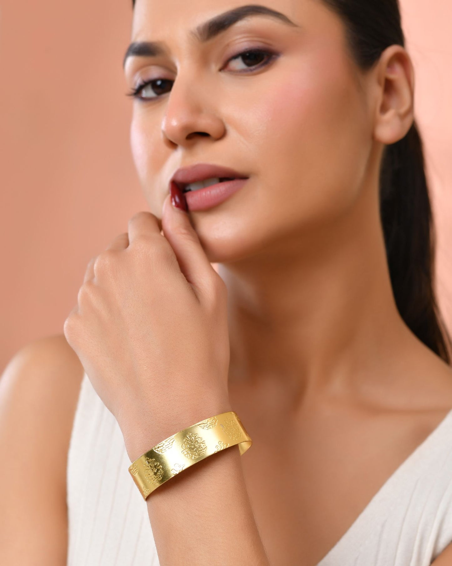 Jewels Nest Gold-Tone Engraved Wide Cuff Bangle For Women