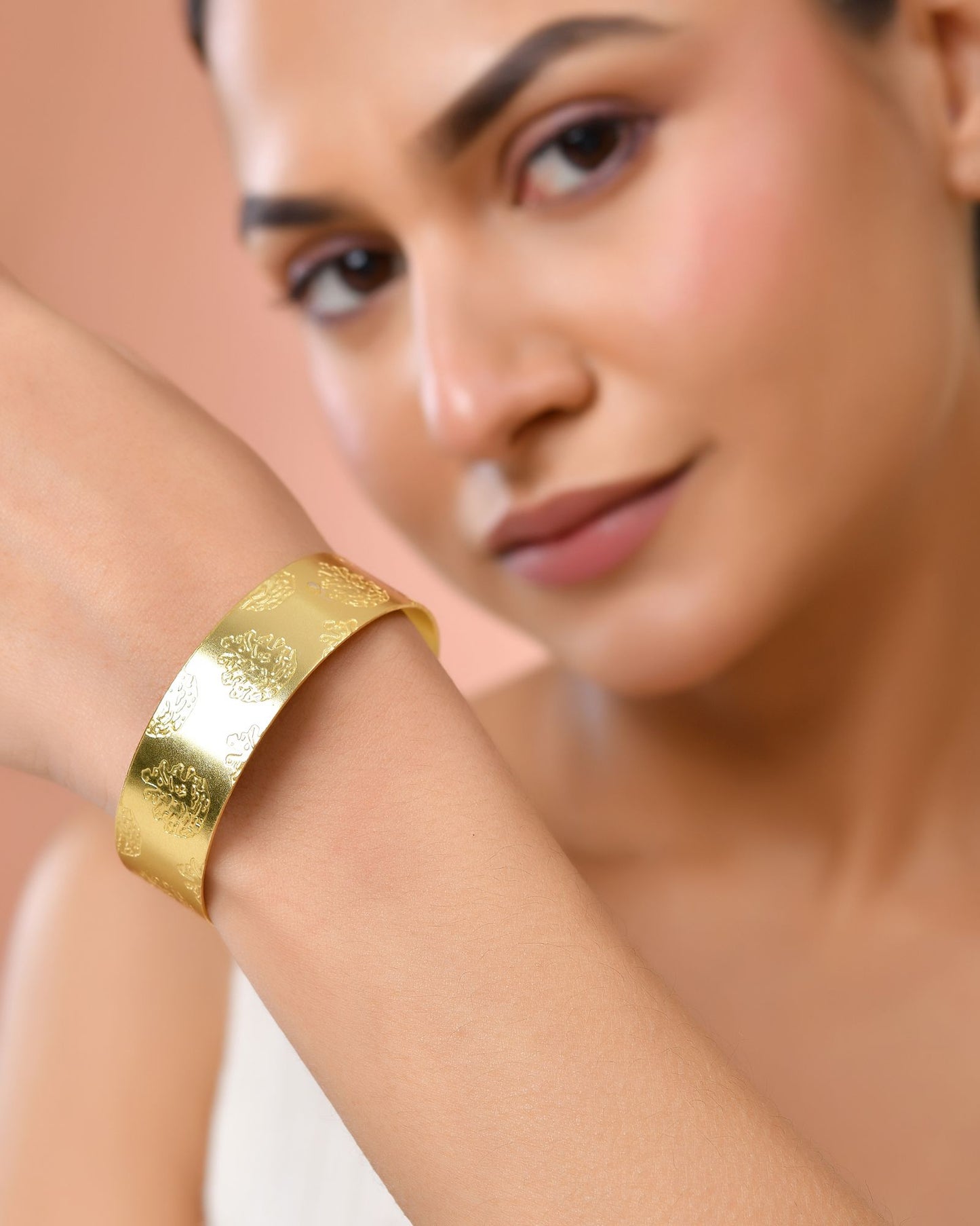 Jewels Nest Gold-Tone Engraved Wide Cuff Bangle For Women