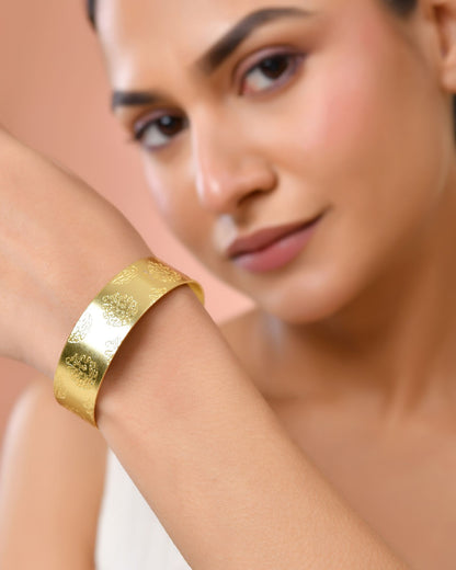 Jewels Nest Gold-Tone Engraved Wide Cuff Bangle For Women