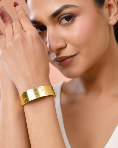 Jewels Nest Gold-Tone Anti- Tarnish Floral Engraved Wide Cuff Bangle For Women