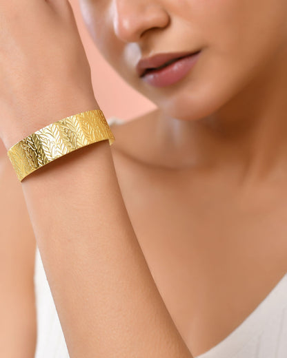 Jewels Nest Gold-Tone Anti- Tarnish Leaf Textured Wide Cuff Bangle For Women