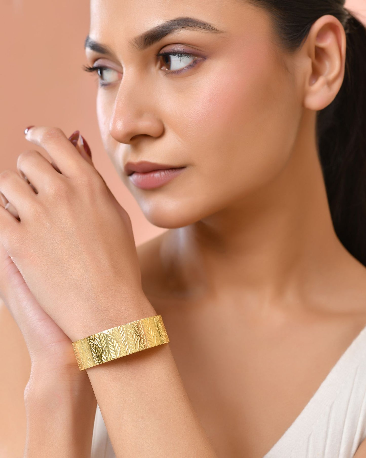 Jewels Nest Gold-Tone Anti- Tarnish Leaf Textured Wide Cuff Bangle For Women