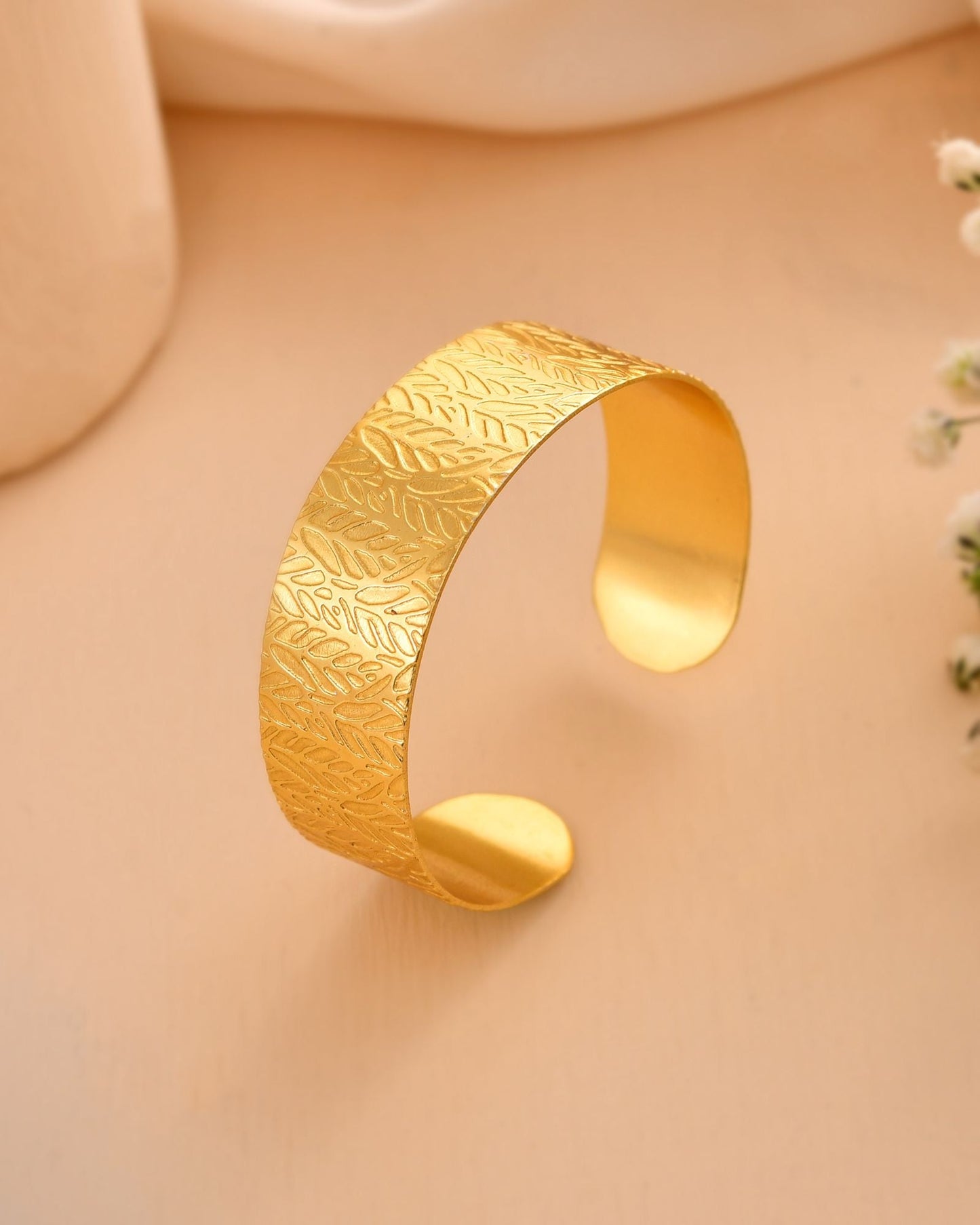 Jewels Nest Gold-Tone Anti- Tarnish Leaf Textured Wide Cuff Bangle For Women