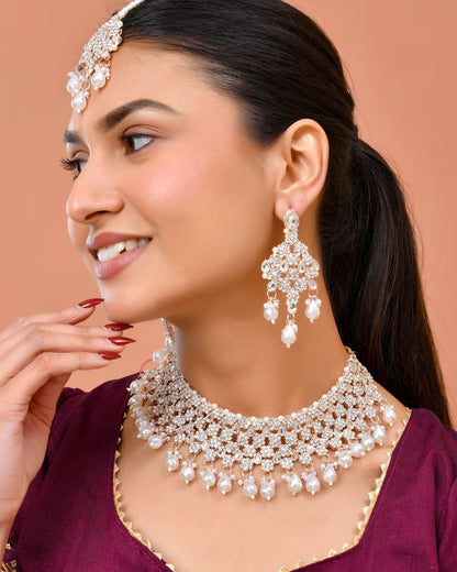 Jewels Nest Silver-Tone Pearl & Crystal Bridal Choker Necklace Set With Earrings And Maang Tikka