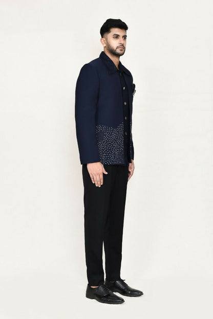 Joban Fashion Blue Colored Terry Rayon Based With Geometry Work Fabric Open Prince Coat, Jacket With Pant