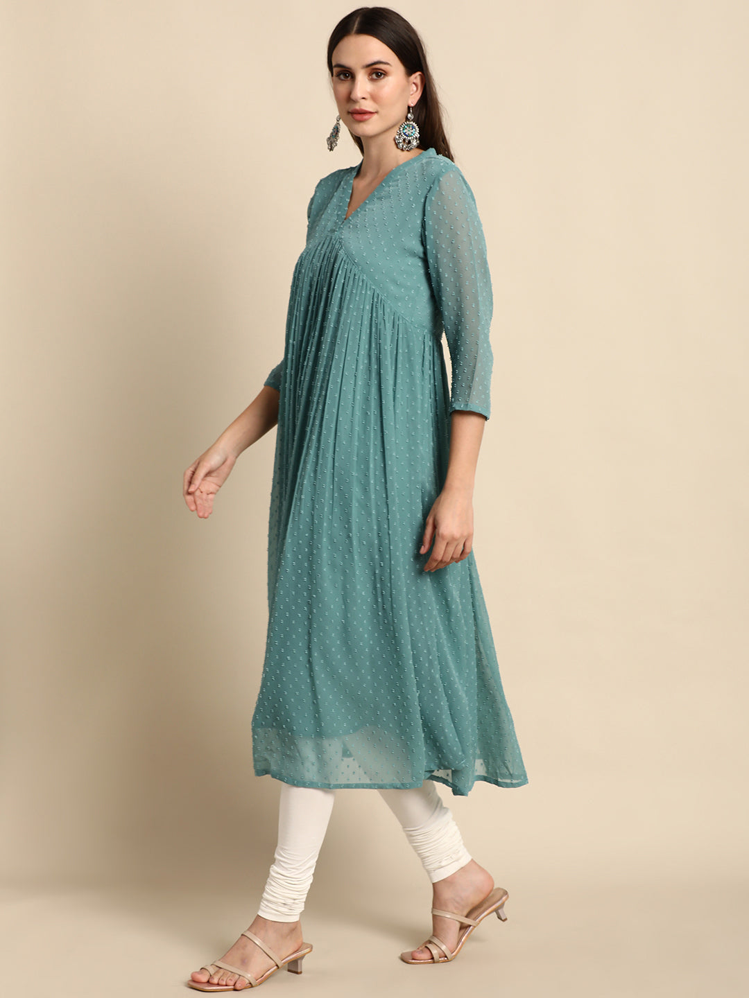 Janasya Women's Green Poly Chiffon Self Design Flared Western Dress