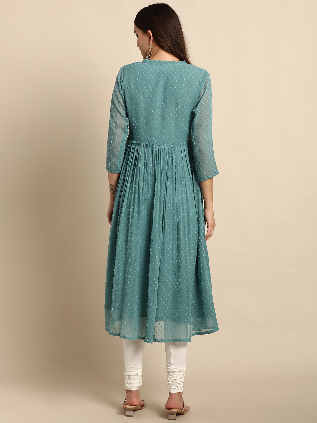 Janasya Women's Green Poly Chiffon Self Design Flared Western Dress