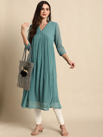 Janasya Women's Green Poly Chiffon Self Design Flared Western Dress