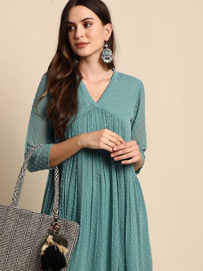Janasya Women's Green Poly Chiffon Self Design Flared Western Dress