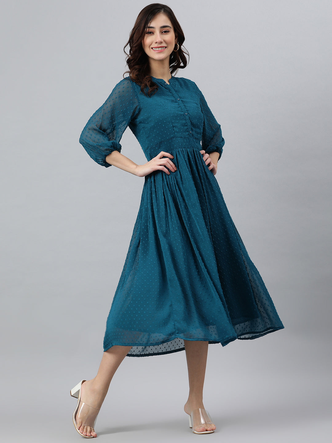 Janasya Women's Teal Poly Chiffon Self Design Flared Western Dress