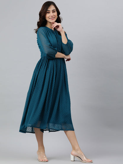 Janasya Women's Teal Poly Chiffon Self Design Flared Western Dress