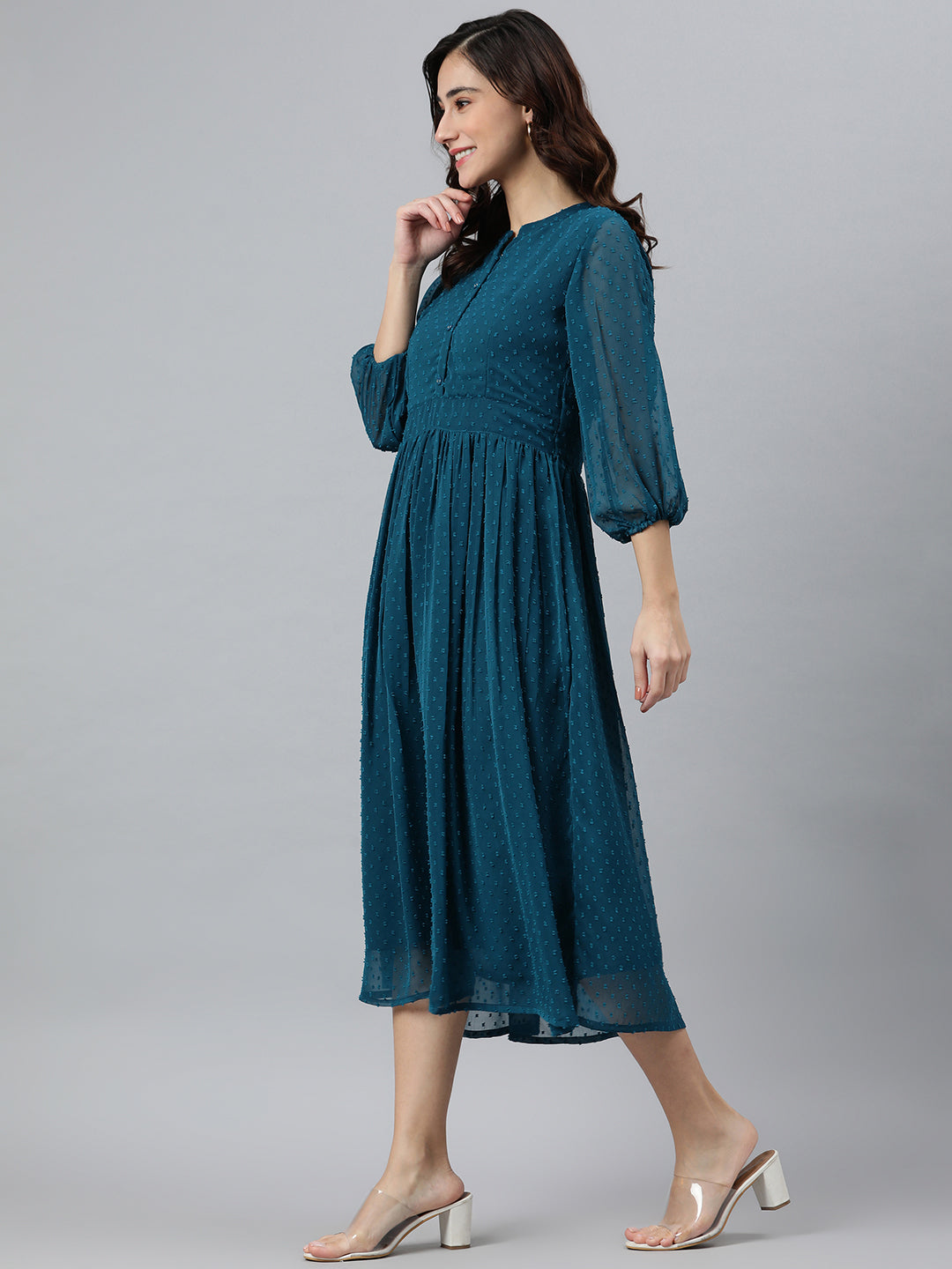 Janasya Women's Teal Poly Chiffon Self Design Flared Western Dress