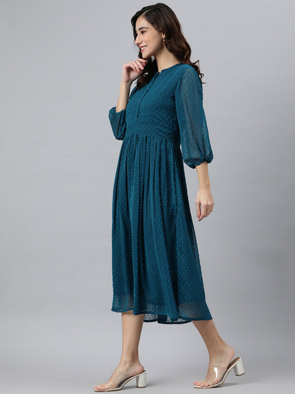 Indian Clothing Janasya Women's Teal Poly Chiffon Self Design Casual Flared kurta