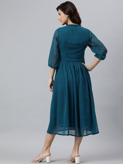 Janasya Women's Teal Poly Chiffon Self Design Flared Western Dress